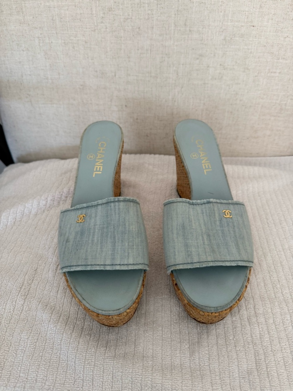 CHANEL Light Blue Denim Wedge Slide Sandals